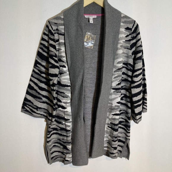 Isaac Mizrahi Live Small Zebra Animal Print 3/4 Sleeve Jacquard Cardigan Sweater - Picture 2 of 6